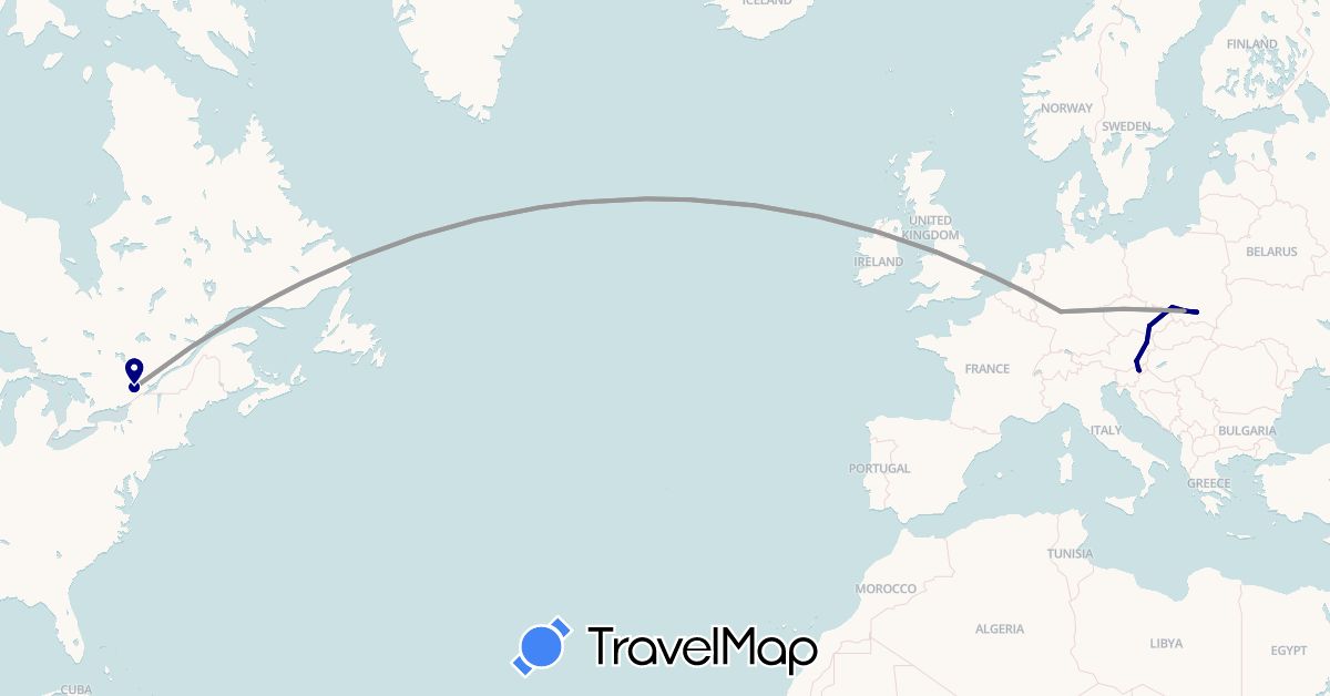 TravelMap itinerary: driving, plane, train, hiking in Austria, Canada, Czech Republic, Germany, Poland, Slovenia (Europe, North America)